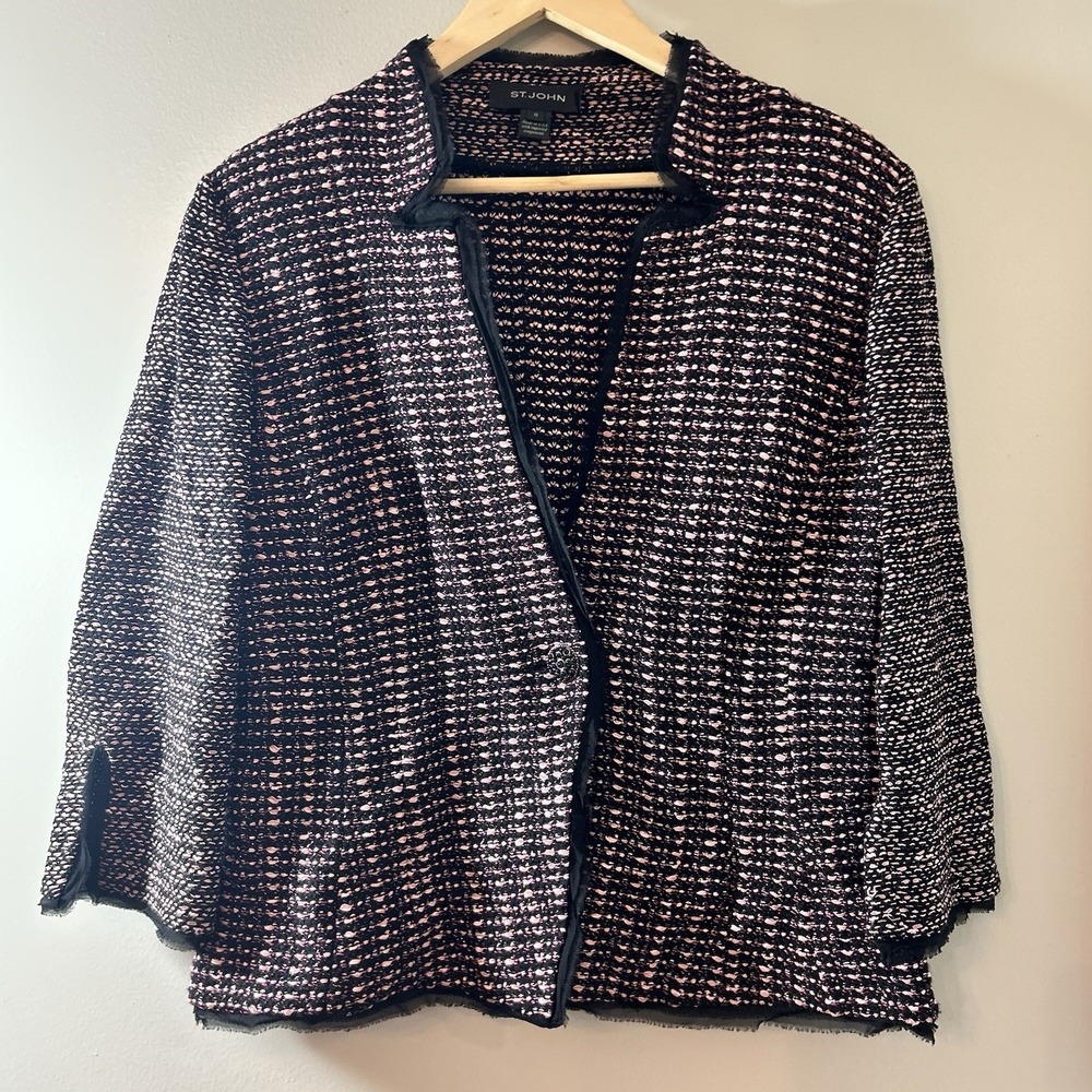 St John Blazer Jacket Women's Size 10 Black Pink Metallic Knit  Tweed